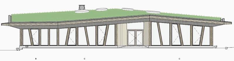 Gerade und schräge Stützen unter dem mit Gras bewachsenen Dach: Visualisierung einer Fassade des künftigen Kindergartens Hinterdorf. Zeichnung: S2 Architekten GmbH, Zürich