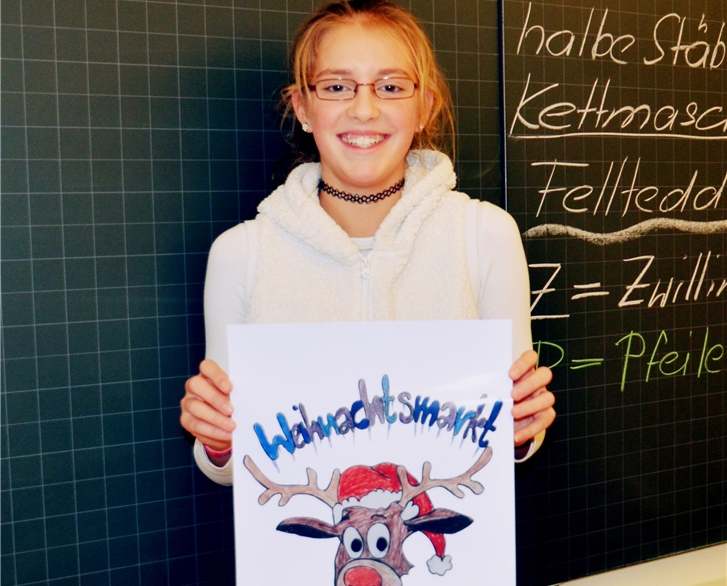 Désirée von der Klasse 6c hat den lustigen Elch für das Weihnachtsmarkt-Sujet gezeichnet. Désirée von der Klasse 6c hat den lustigen Elch für das Weihnachtsmarkt-Sujet gezeichnet.