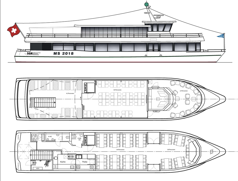 So soll das neueste Hallwilersee-Schiff aussehen: Der Entwurfsgeneralplan der MS 2018 mit Seitenansicht, Ober- und Unterdeck (Lift links in der Mitte). Plan: SGH
