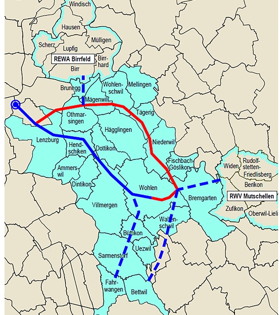 23 Gemeinden involviert: Karte des Projekts «Wasser 2035» mit der geplanten neuen Ringleitung im Reusstal (rot gezeichnet).