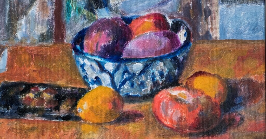 Werk von Kurt Hediger: Früchte mit blauweisser Schale, 2017; 24 mal 30cm. Werk von Kurt Hediger: Früchte mit blauweisser Schale, 2017; 24 mal 30cm.