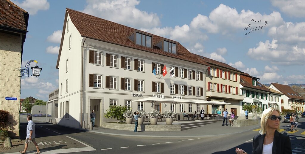 So soll der neue «Bären» schon bald aussehen: Visualisierung des renovierten Hotels im Seenger Dorfzentrum mit dem Durchgang links unten. Foto: zvg