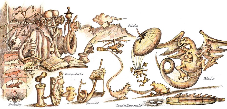 <em>Der Drachenforscher mit Untersuchungsobjekten und Hilfsmitteln:</em> Illustration aus «Die Seetaler Drachen-Saga». Foto: zvg
