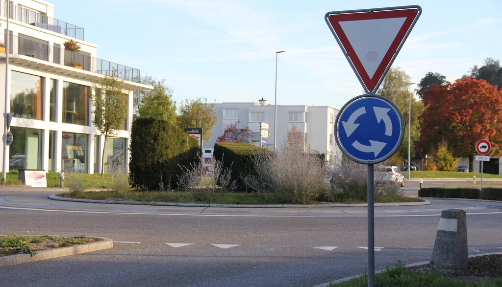 <em>Sehr düster:</em> Kreisel Aarauerstrasse/Schafisheimerstrasse/Ringstrasse West mit drei Eibenkuben.
