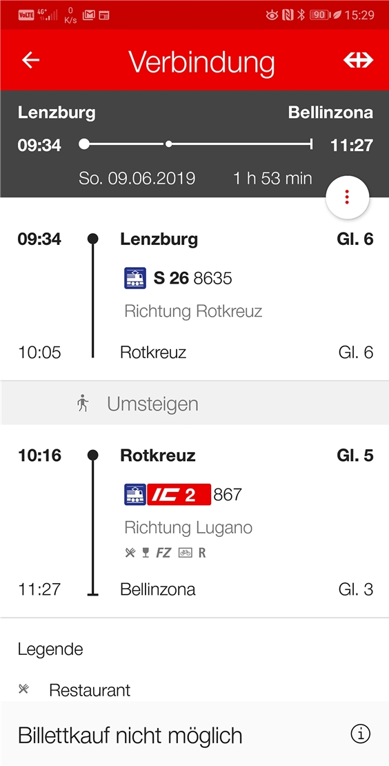 <em>Reisetag:</em> 9. Juni 2019 <em>Abfahrt:</em> 09:34 <em>Ankunft:</em> 11:27 <em>Anzahl Umsteigen:</em> 1 (Rotkreuz) <em>Reisezeit:</em> 1 Stunde 53 Minuten
