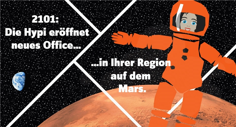 <em>Bald ein Büro auf dem Mars: </em>Standbild aus einem «Hypi»-Werbefilm. Foto: zvg/hbl
