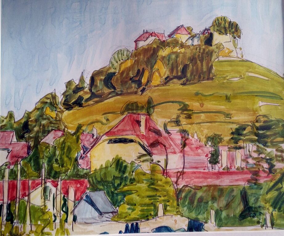 <em>Die mittelalterliche Lenzburg in gleissendem Licht:</em> Aquarell vom Schloss, gemalt von Bruno Hesse, Sohn von Hermann Hesse. Foto: Stefanie Osswald
